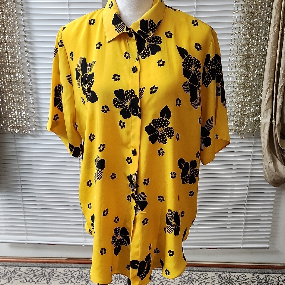 Jenni Bright Yellow and Black Floral Button Down Shirt
